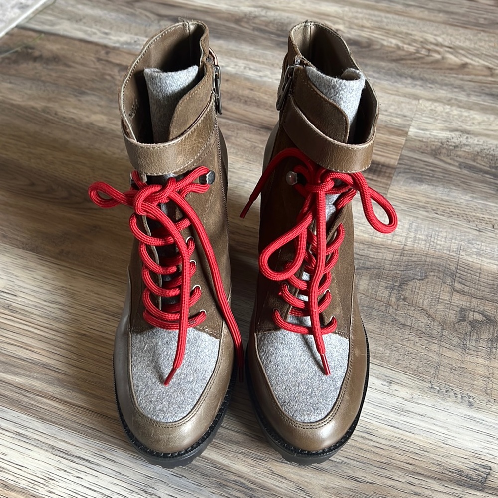 ANTONIO MELANI Brown Leather & Gray Wool Lace-Up Ankle Boots with Red Laces